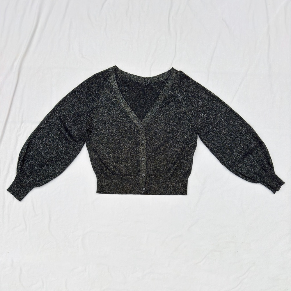 Alicia PAGEBOY Metallic Black Bishop Sleeve V-Neck Cardigan Sweater
